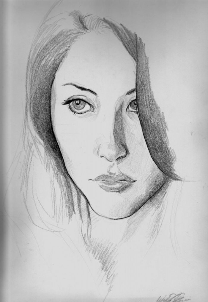 drawing of a girl's face, black and white drawings, large eyes, full lips, white background