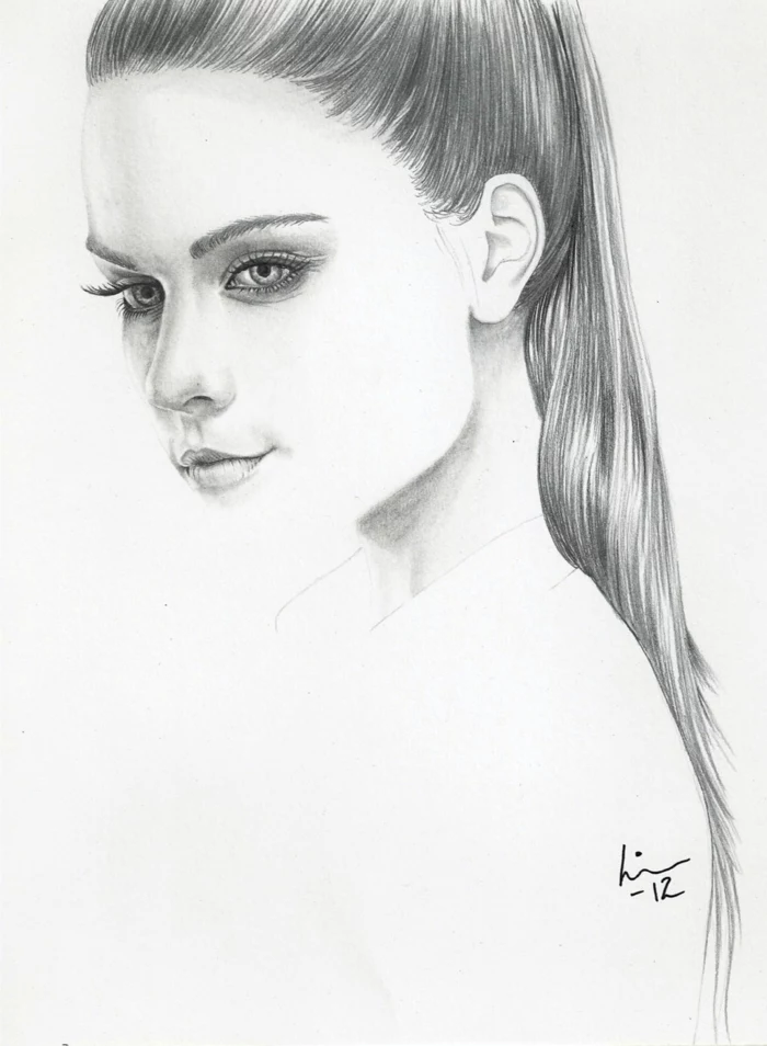 long high ponytail, black and white drawings, white background, drawing of a girl's profile