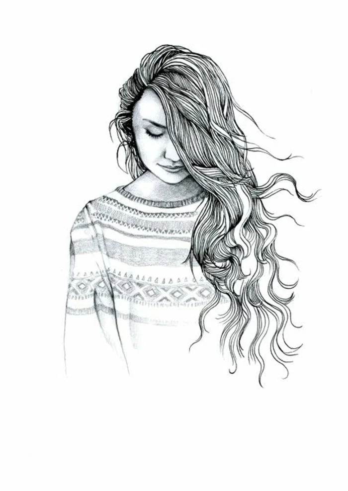 patterned blouse, long wavy hair, black and white sketch, how to draw anime girl