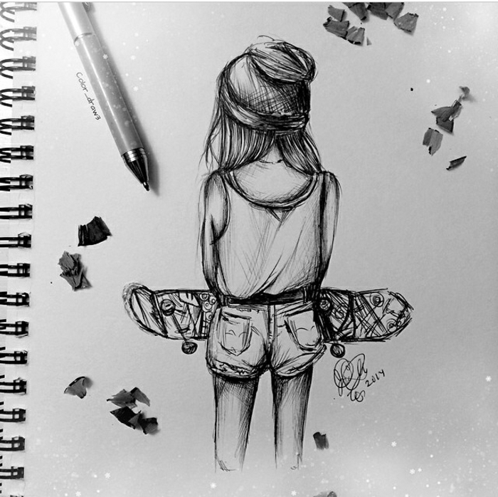 skateboard girl, black and white sketch, how to draw anime girl, white sketchbook and a pen