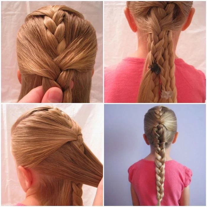 pink t shirt, blue background, braid hairstyles for kids, long blonde hair in a braid