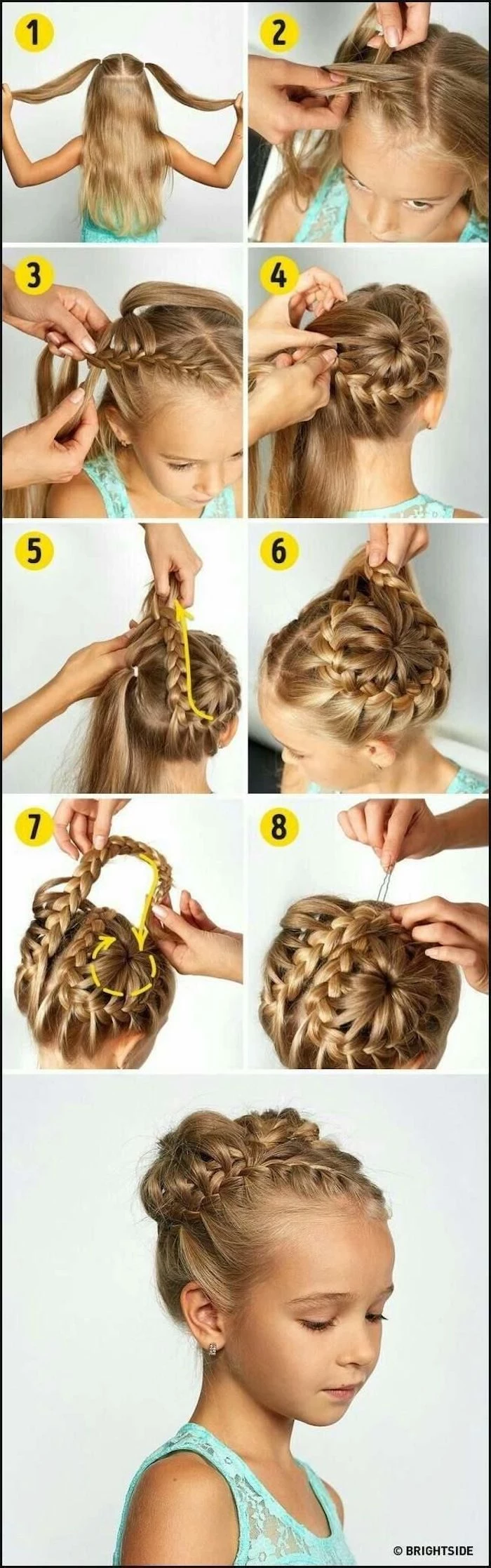 turquoise top, braid hairstyles for kids, long blonde hair, in a braided bun, white background