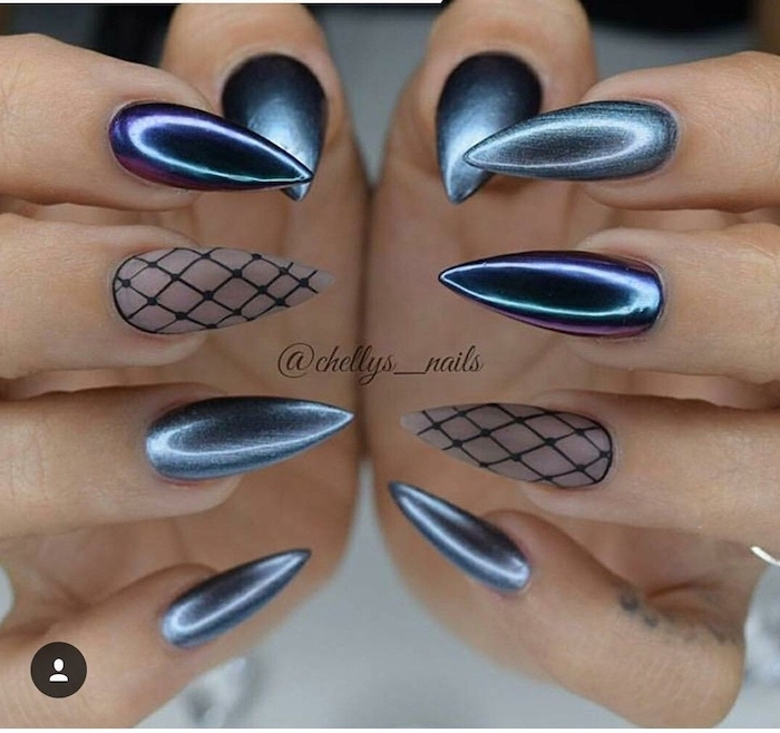 metallic nail polish, lace like black drawings on two nails, nail art designs, set of hands, photographed next to each other, cute easy nail designs for short nails