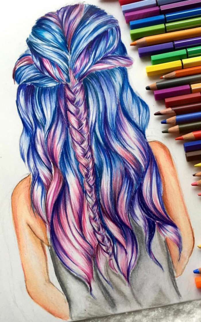 long and wavy pink and blue hair, with a braid, how to draw anime girls, lots of pencils