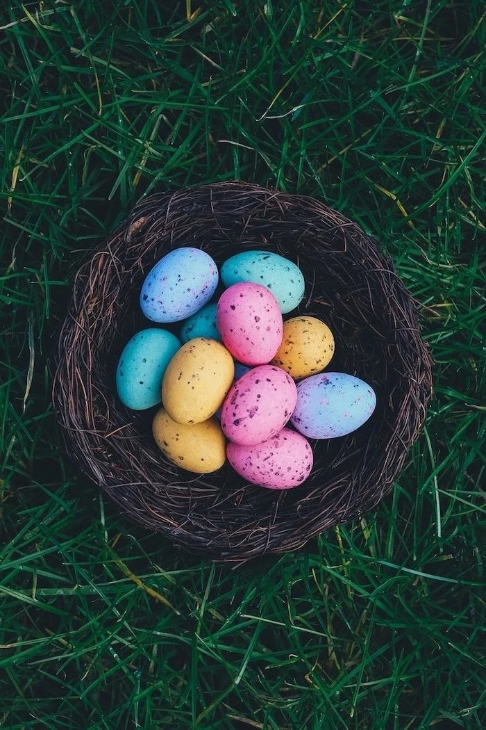 spring images, easter themed phone background, blue pink yellow and purple eggs, in a wooden basket