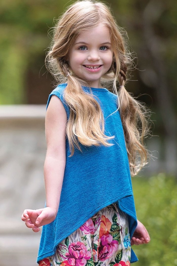 blue top, floral pants, cute braided hairstyles, long blonde hair, two messy ponytails