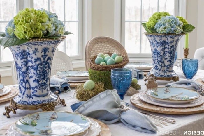 blue colourful plate settings, blue and white vintage vases, easter table settings, dyed eggs