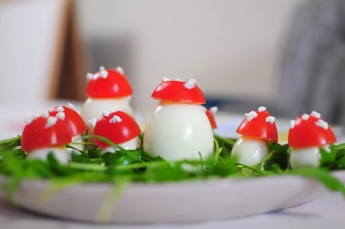 boiled eggs and tomatoes, on the shape of mushrooms, healthy weekly meal plan, on top of herbs
