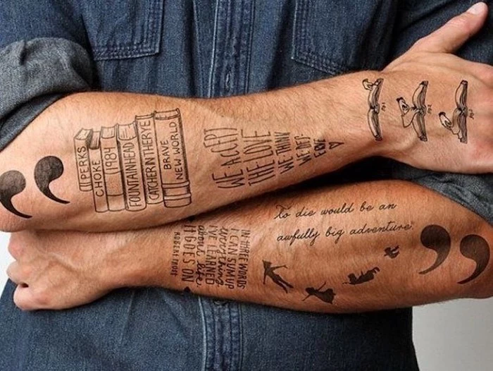 denim shirt, sleeve tattoos for men, different tattoos, on the forearms and wrists, inscriptions and books