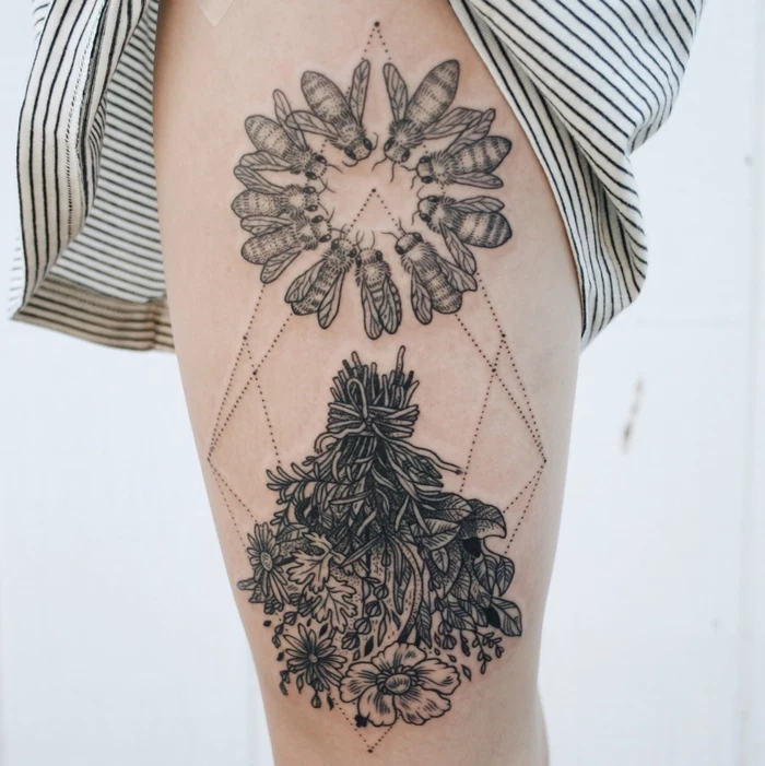 bouquet of flowers, swarm of flies, geometrical dots, geometric tattoo sleeve, white background