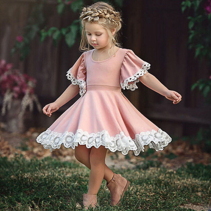 pink lace dress, velvet boots, braided messy blonde hair, cute braided hairstyles