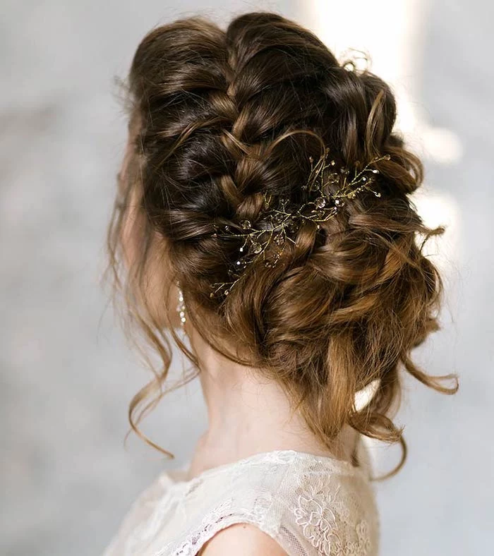 long brown hair with highlights, in a braided updo, wedding hairstyles updo, small hair accessory