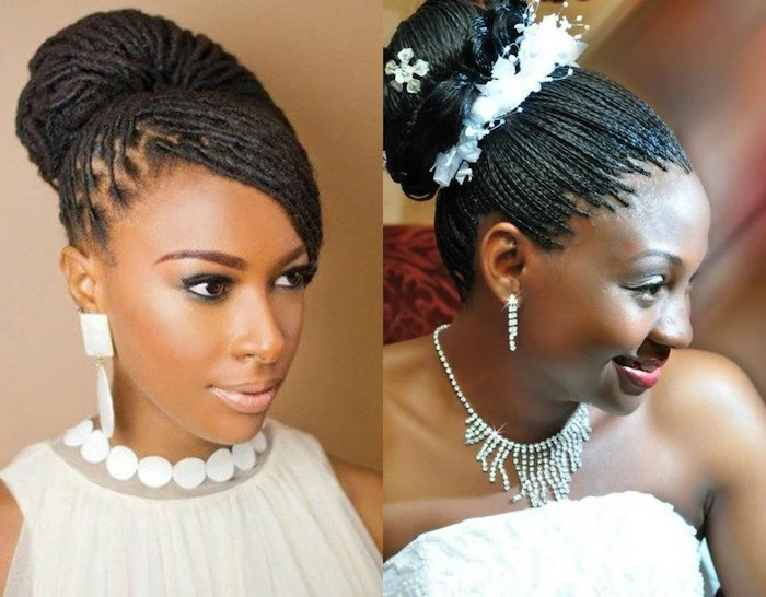 side by side photos, braided updos, black hair, bridal updos, with and without hair accessory