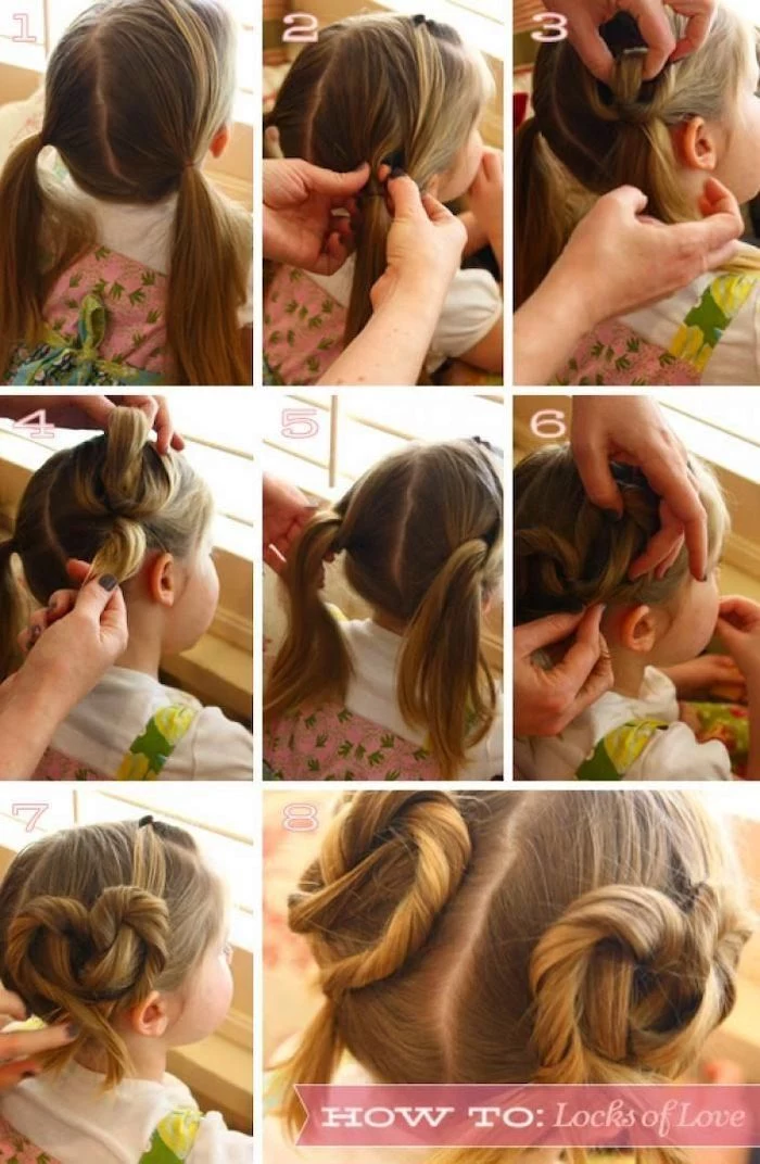 long blonde hair, in heart shaped buns, braid hairstyles for kids, white t shirt, step by step tutorial