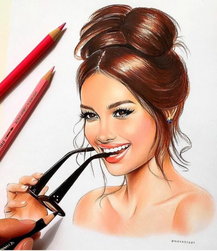 brown hair in a messy bun, girl holding sunglasses, girl drawing easy, red and pink pencils