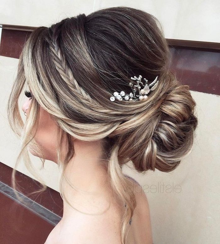 low updo, small pearl hair accessory, bridal updos, brown hair with highlights, small braid