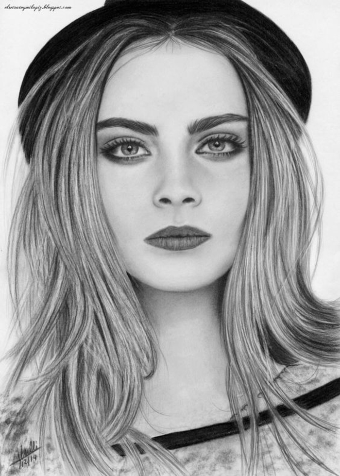 black and white sketch, inspired by cara delevingne, long hair, black hat, girl drawing easy
