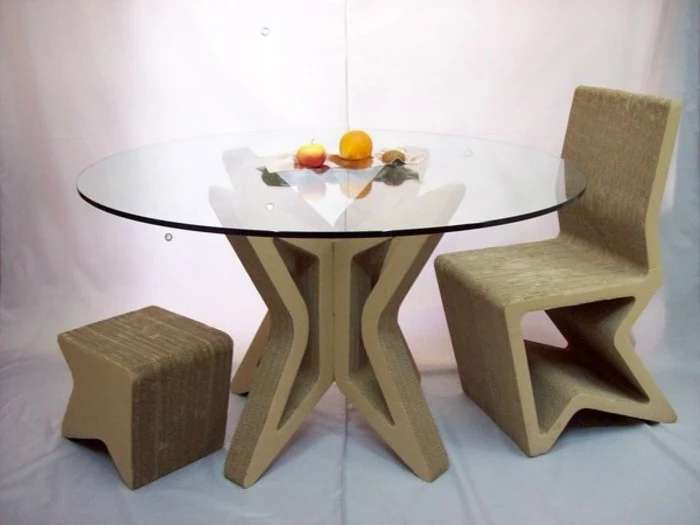 cardboard chair and stool, table made out of cardboard and glass, diy cardboard