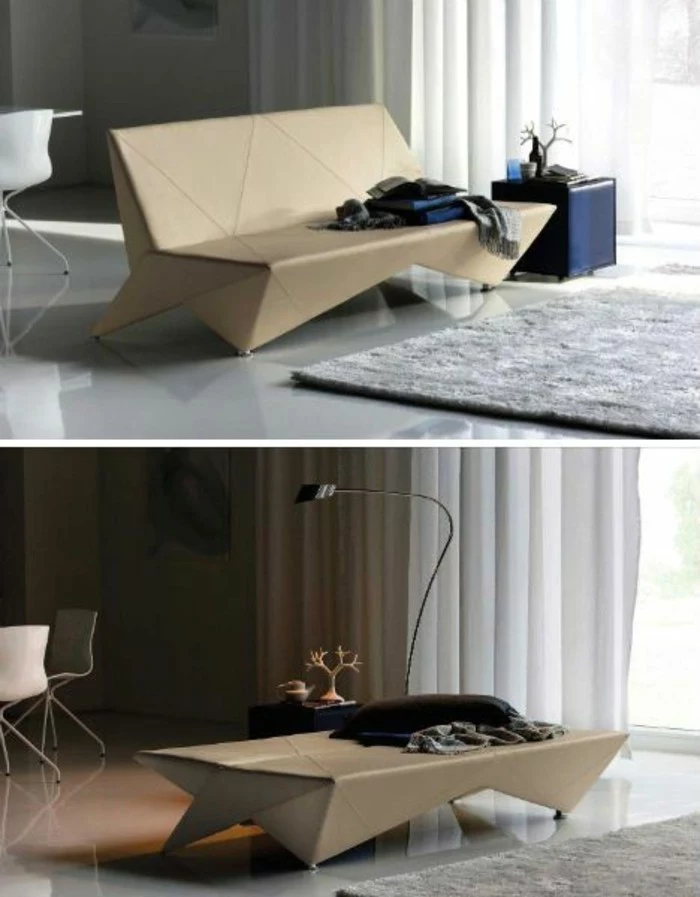 cardboard sofa, cardboard shelves, grey carpet, blue night stand, cardboard bed, make cardboard furniture