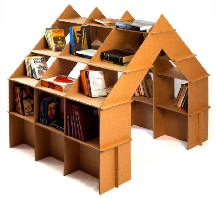 cardboard bookshelf, in the shape of a house, how to make cardboard, lots of books