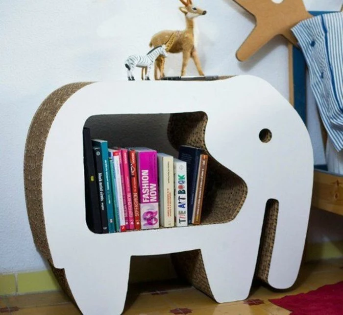 cardboard night stand, in the shape of an elephant, how to make cardboard, lots of books