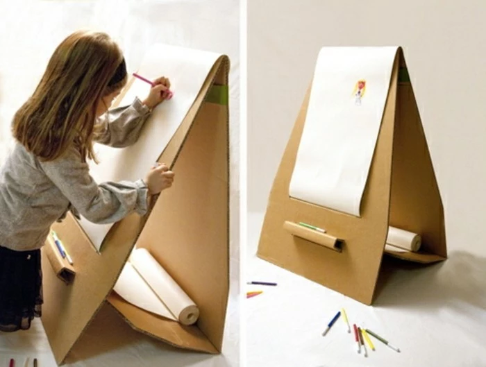 cardboard drawing stand, little girl drawing, cardboard chair design, lots of pencils