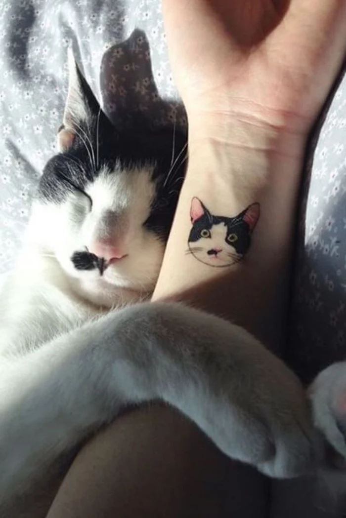black and white cat wrist tattoo, cat holding a person's hand, small tattoos for women, sleeping cat