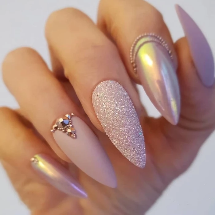 pink matte nail polish, simple nail designs, chrome and glitter nail polish, long stiletto nails