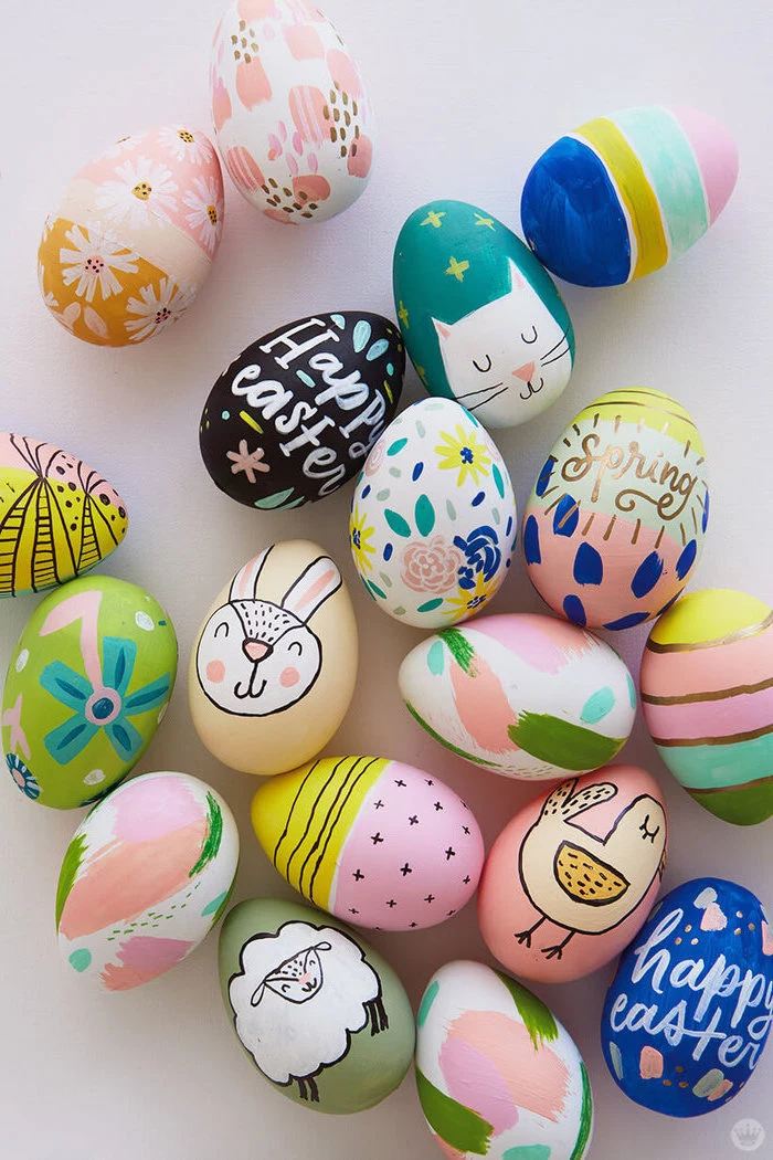 colourful easter eggs, on a white countertop, happy easter, shaving cream easter eggs, eggs with animals