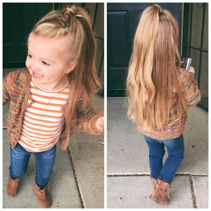 long blonde hair, braid ending in a high ponytail, colourful cardigan, short hairstyles for girls