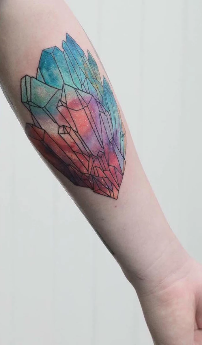 colourful crystals, forearm tattoo, sacred tattoo, white background
