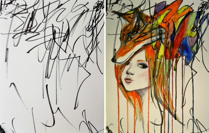 colourful abstract drawing, girl drawing easy, fox on the girl's head, white background