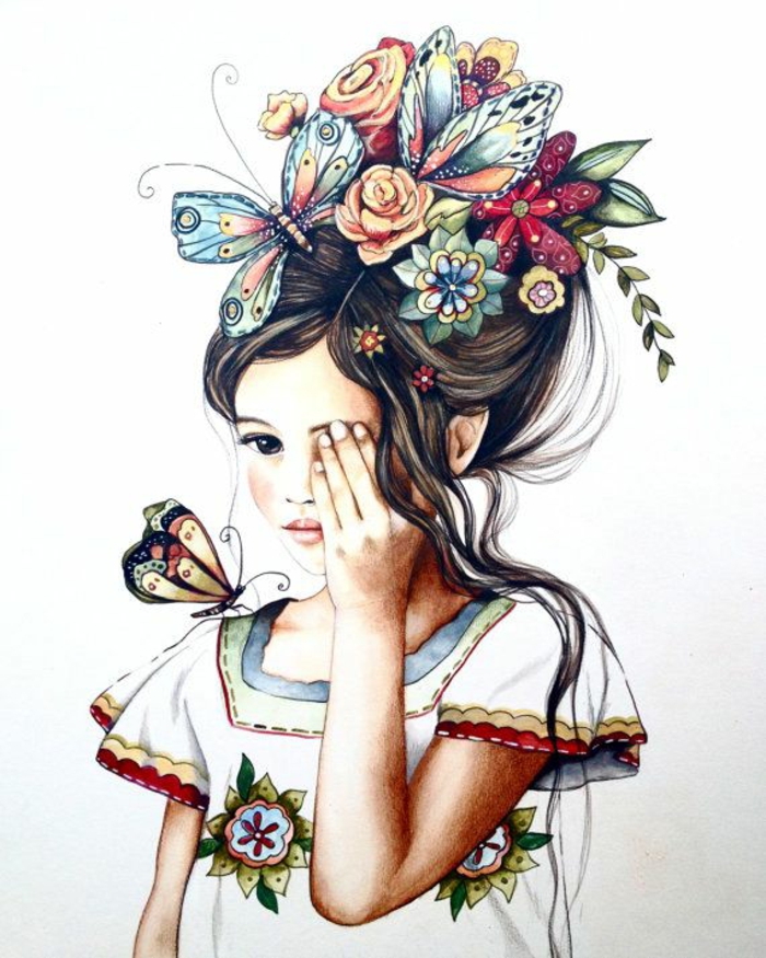 floral crown with butterflies, white background, cute drawing ideas, white dress, wavy brown hair