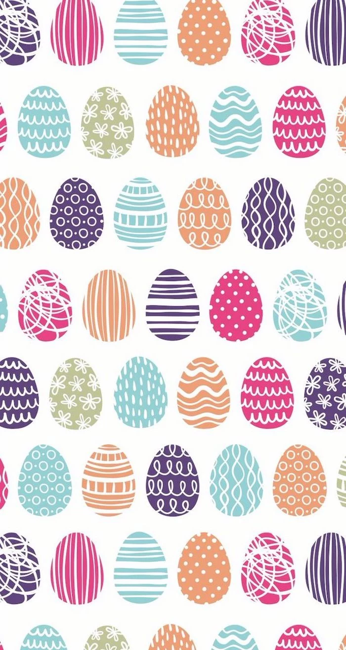 lots of colourful eggs, drawn on a white background, spring images, easter themed phone wallpaper