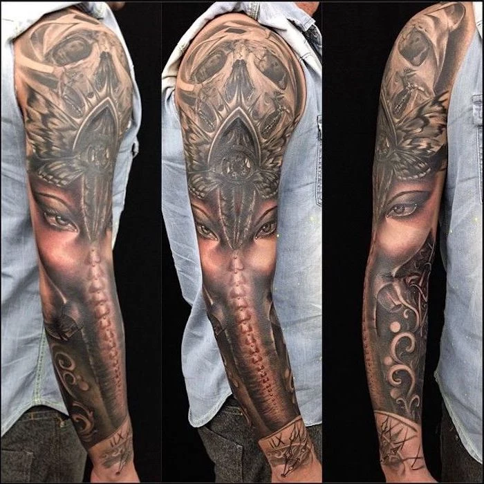 the goddess ganesha, arm sleeve tattoo, man wearing a denim shirt, black jeans, forearm tattoos