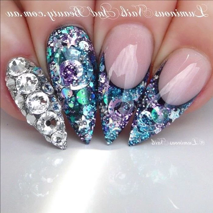 rhinestones on the nails, 3d manicure, simple nail designs, long stiletto nails, top coat nail polish