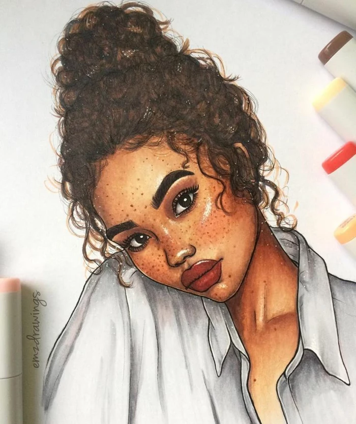 cute drawings, drawing of a girl, with brown curly hair, in a messy bun, white shirt, red lips