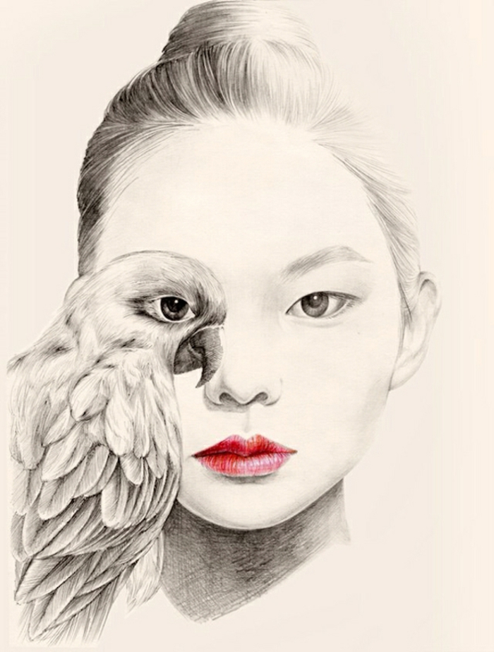 red lips, black and white sketch, cute drawing ideas, bird incorporated in the face, hair in a bun