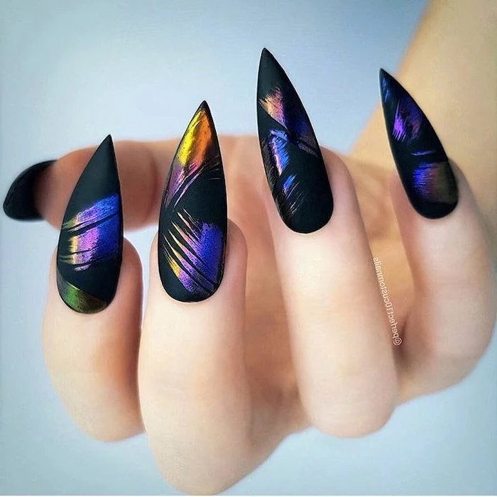 long stiletto nails, nail designs, black matte nail polish, colourful brush strokes on the nails