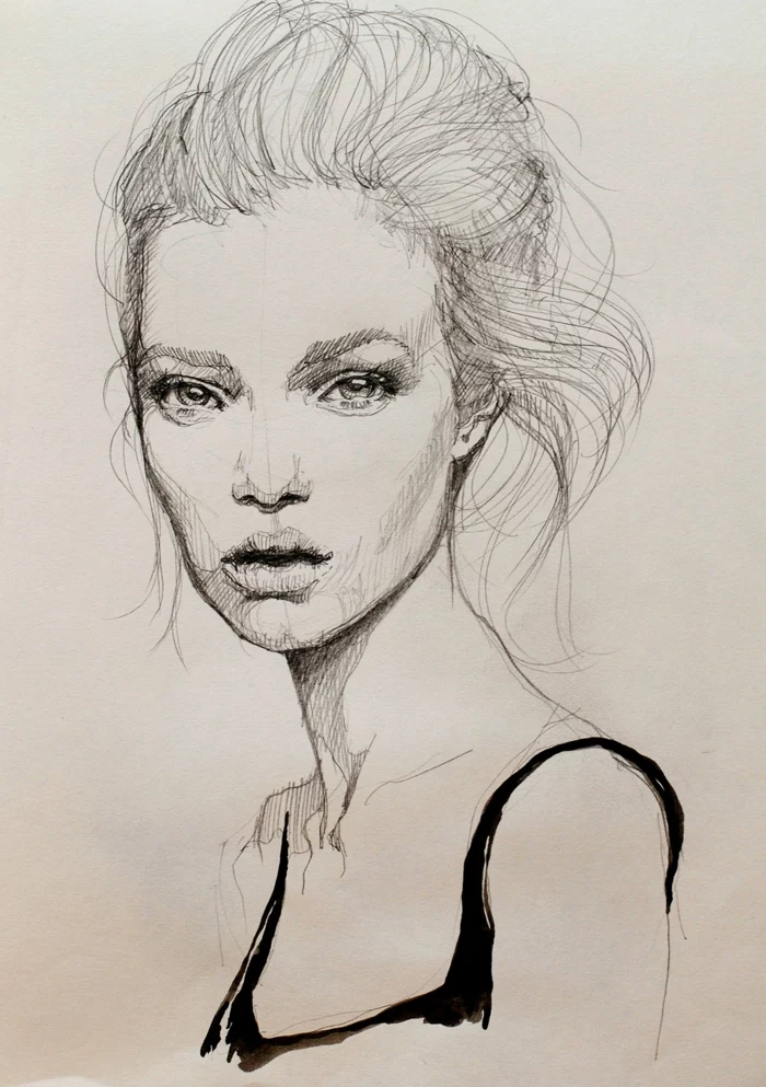 black and white sketch, hair in a messy bun, cute sketches, white background, drawing of a woman