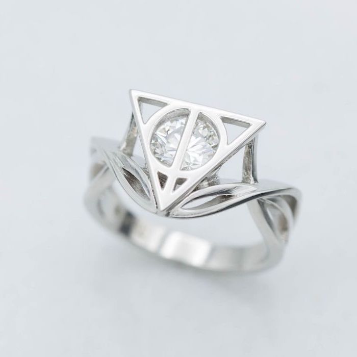 unique wedding rings, harry potter and the deathly hallows inspired ring, white gold band