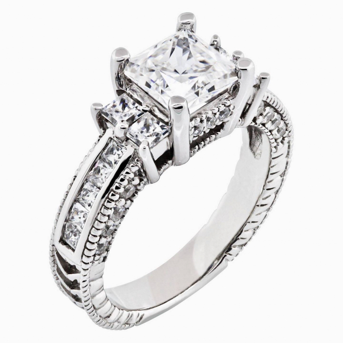 square cut diamond, unique wedding rings, diamond studded band, white background