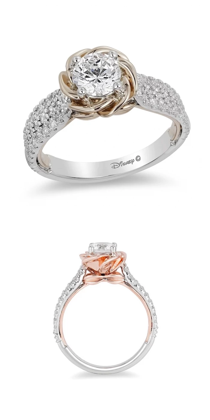 white gold and rose gold mix, diamond studded band, unique engagement rings, belle disney princess inspired ring