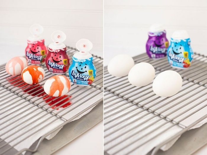 kool aid eggs, step by step, diy tutorial, coloring easter eggs, white eggs, different flavours
