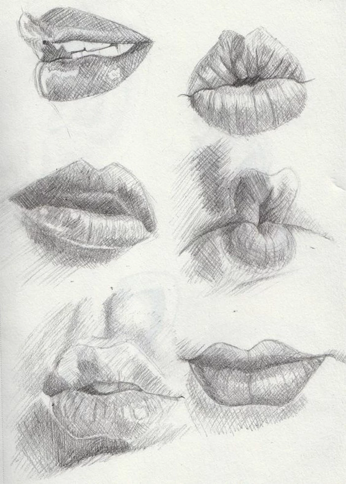 different kinds of lips, black and white sketches, cute sketches, white background
