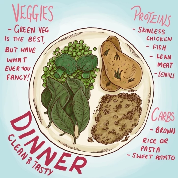 what should i eat for lunch, drawing of healthy foods. veggies carbs and proteins ratio, healthy food chart