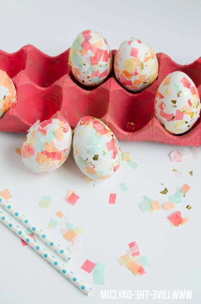 dying eggs with food coloring, pink egg carton, white eggs, with confetti on them, diy tutorial