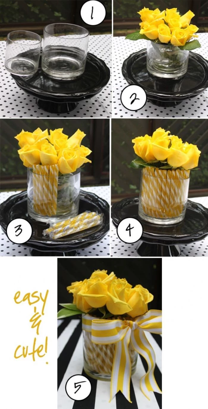sstep by step diy tutorial, glass vases, bouquet of yellow roses, easter centerpieces