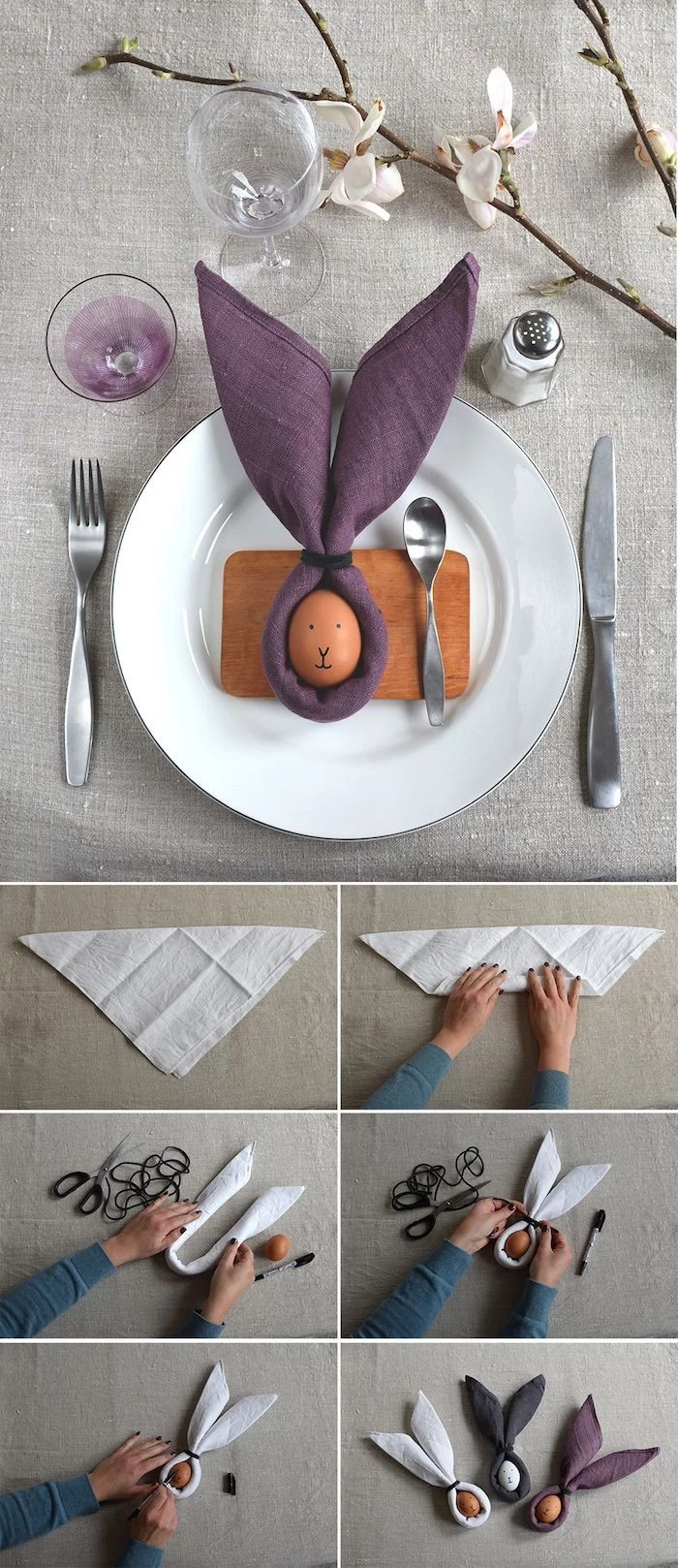 how to fold a napkin, step by step diy tutorial, easter table decorations, purple napkins