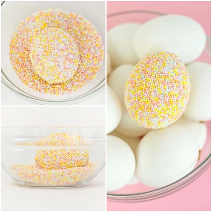 how to color easter eggs, step by step, diy tutorial, sprinkled eggs, glass bowl, full of sprinkles